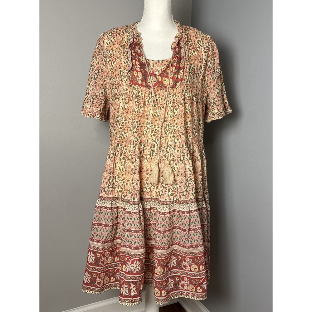 Sundance Boho Peasant Floral Layered Midi Dress Large 100% Cotton Tassels